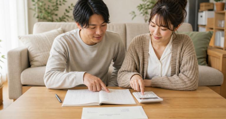 同棲の家賃について電卓を前に話し合うカップル