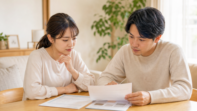 生活保護と同棲についての書類を前に不安そうな表情を見せる同棲中のカップル