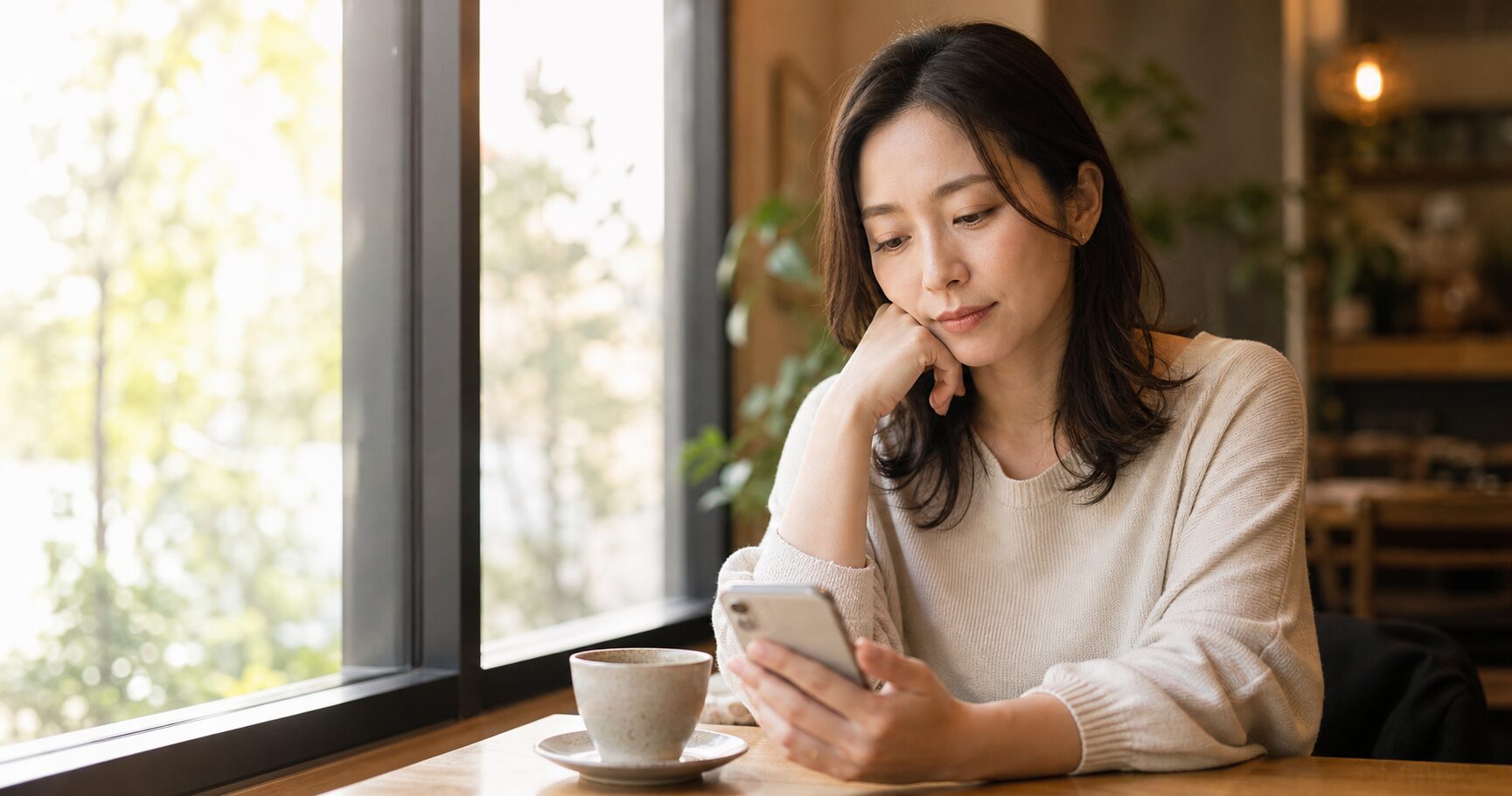 婚活に疲れてスマホを見つめため息をつく女性の写真
