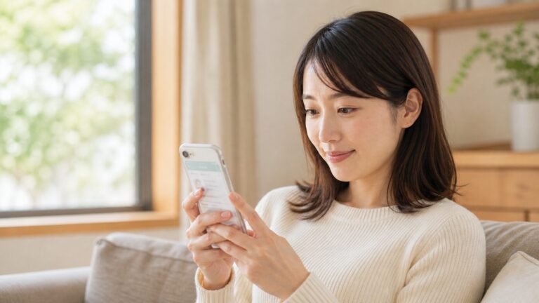 婚活アプリのプロフィール文を考えながらスマートフォンに向かう女性の写真
