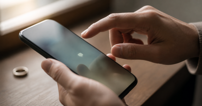 既婚者クラブとはという文字とスマートフォンの通知画面を見つめ、複雑な表情を浮かべる既婚者風の男女のイラスト