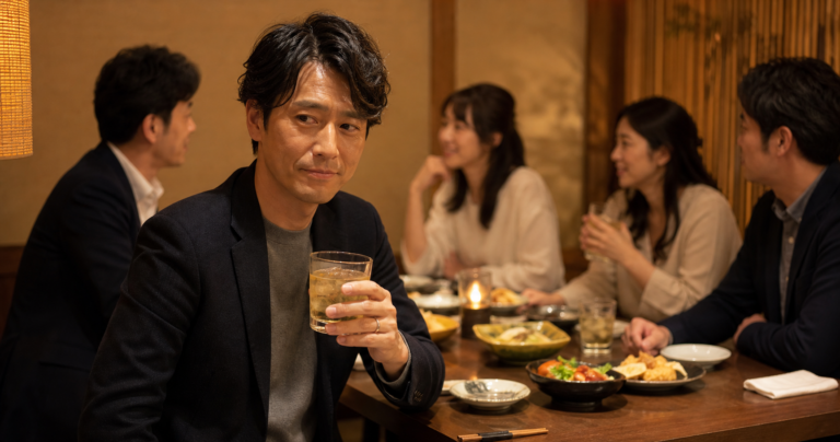 個室居酒屋の合コンでグラスを手にしながら複雑な表情を浮かべ指輪の跡が見える男性の写真