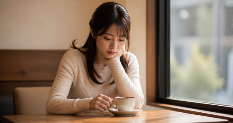 スマートフォンの通知を気にしながら物思いに沈む女性の後ろ姿