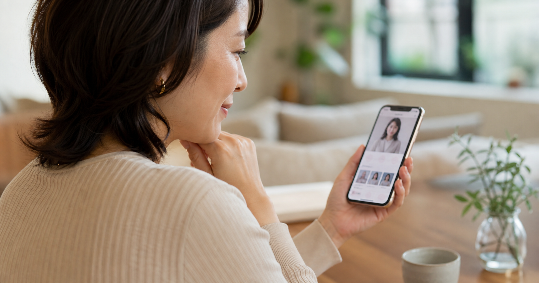 スマホでマッチングアプリのプロフィールを見直す40代女性の写真
