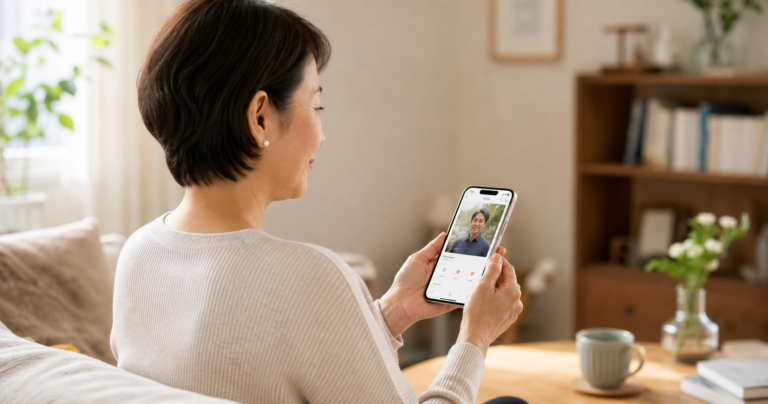 スマホでマッチングアプリのプロフィールを見直す50代女性の写真