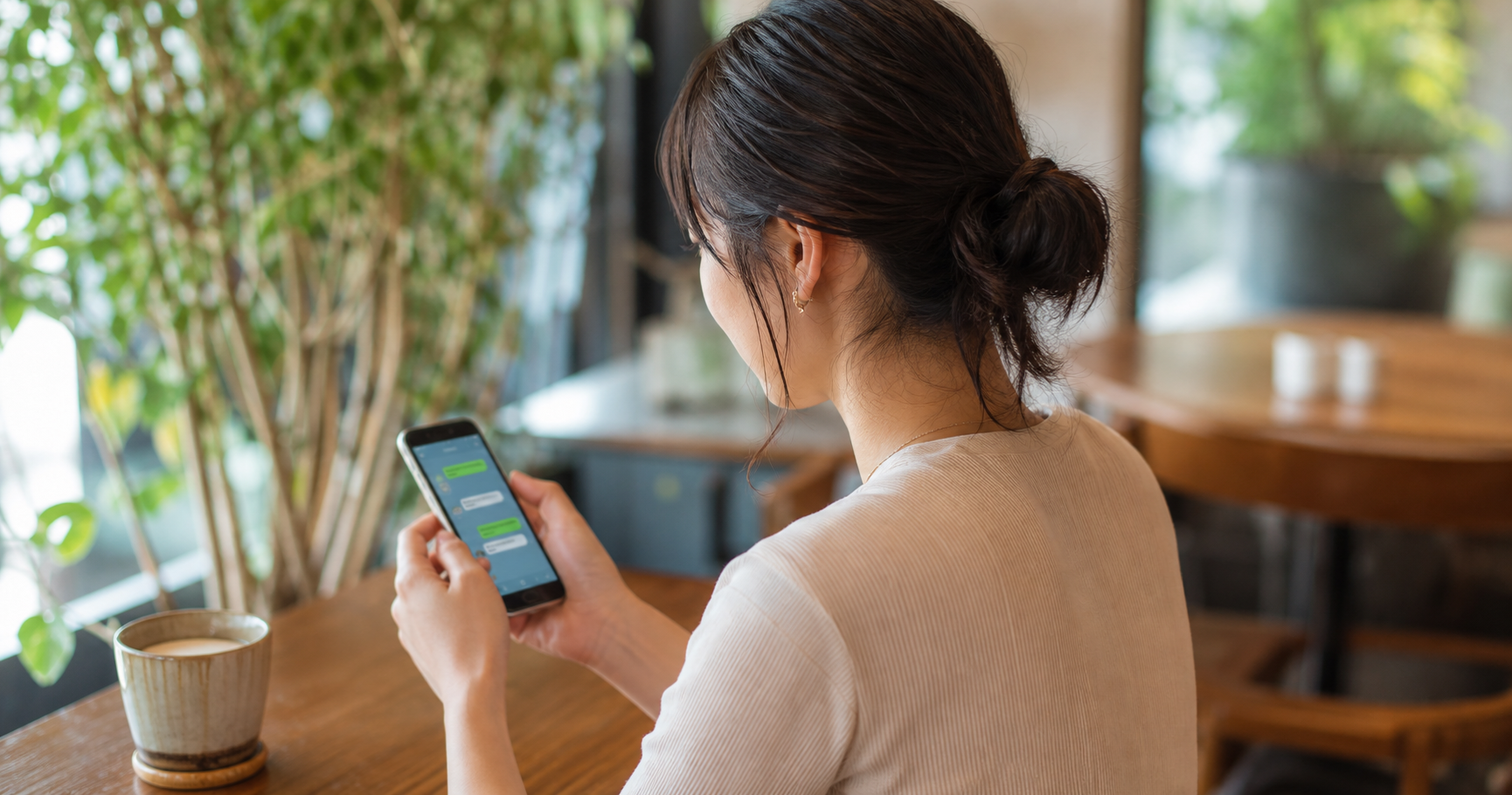 マッチングアプリで出会った恋人とのLINE画面を見つめて考え込む女性の後ろ姿