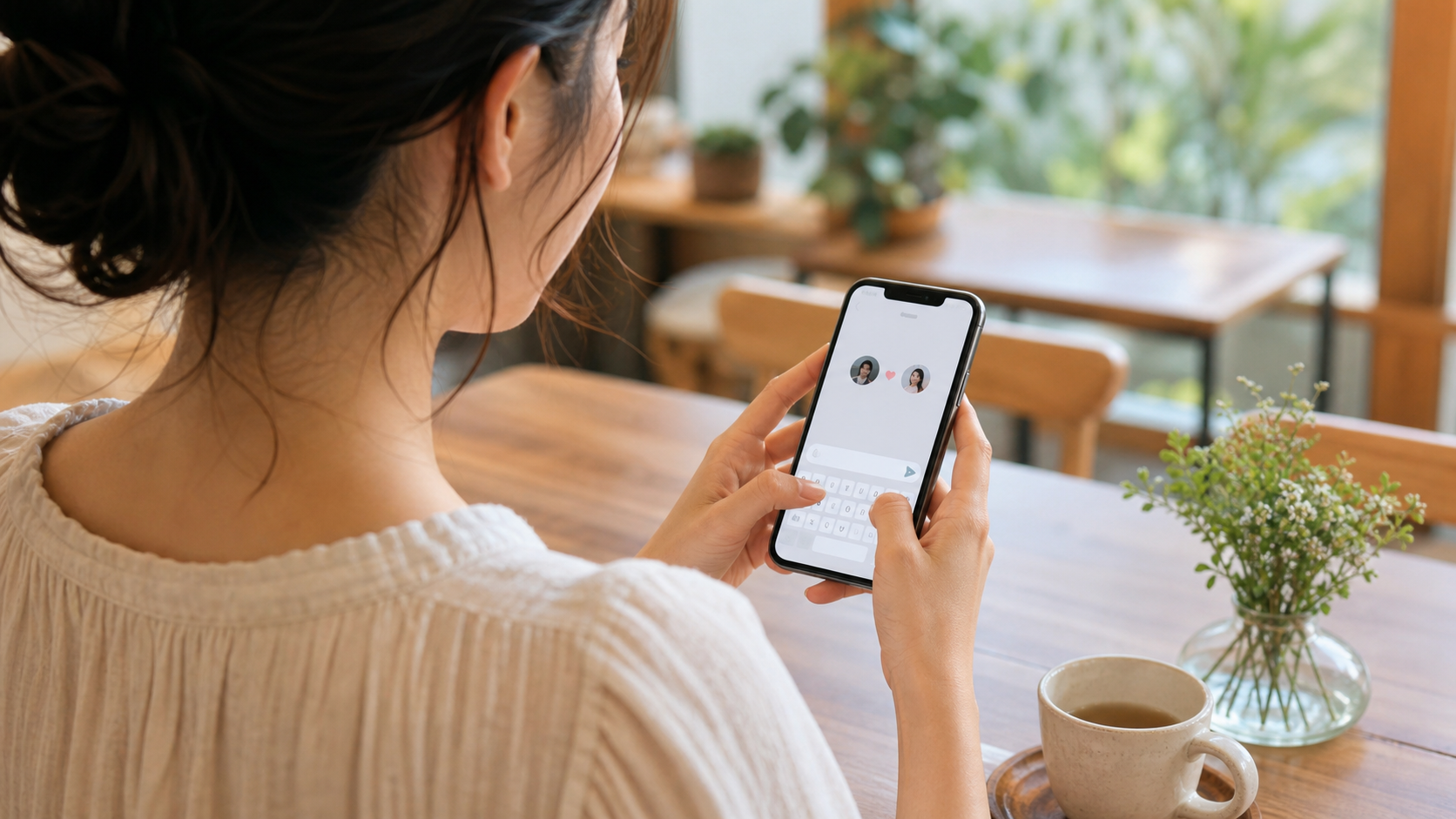 スマートフォンでマッチングアプリの最初のメッセージ画面を見ながら考え込む女性の後ろ姿