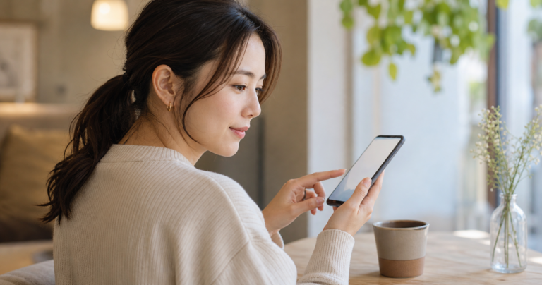 スマートフォンのマッチングアプリ画面を見ながら追いメッセージを送るか迷っている女性のイメージ