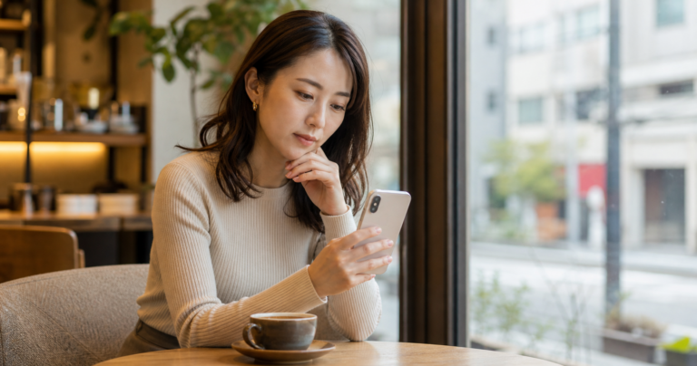 カフェの窓際でスマートフォンを見つめながら考え込む女性、マッチングアプリのデートについて悩んでいる様子