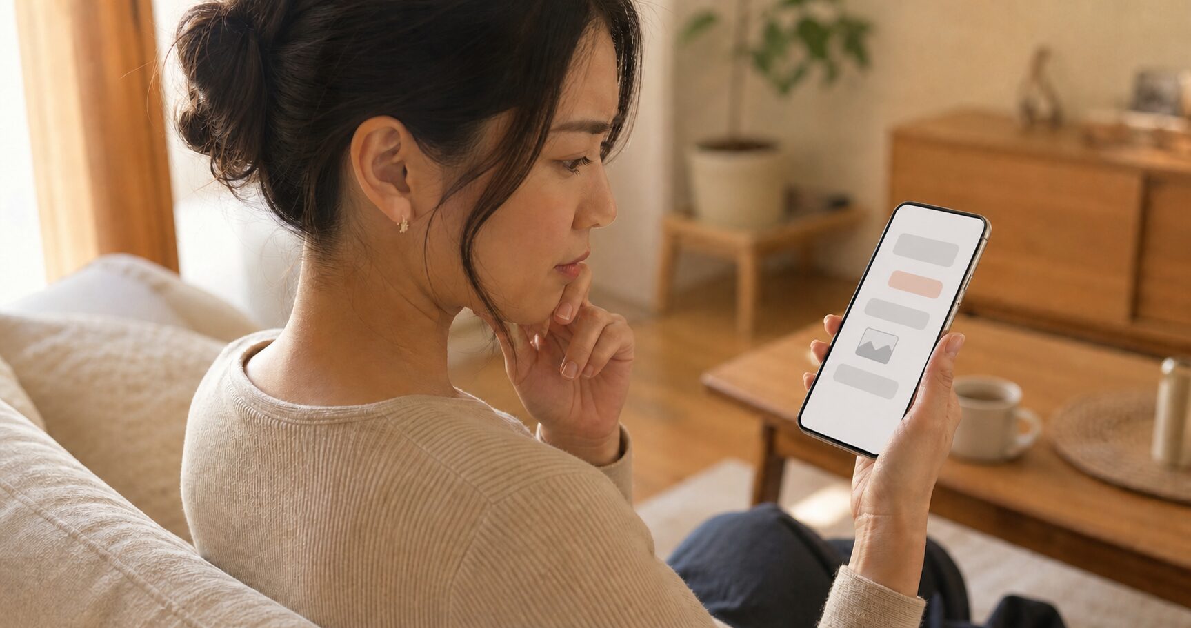 スマートフォンでマッチングアプリのメッセージ画面を見ながら考え込む女性の写真