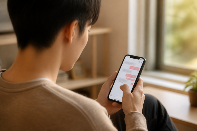 マッチングアプリのメッセージ画面を前に送信をためらいスマートフォンを持つ女性の後ろ姿