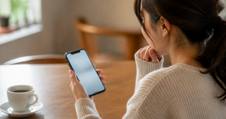 スマートフォンでマッチングアプリのメッセージ画面を眺めながら、なかなか会う話が進まないことに考え込む女性の横顔(オーバーザショルダー構図)