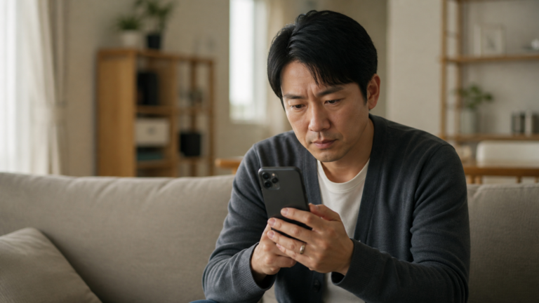 スマートフォンの画面を気にしながら考え込む既婚者風の男性の写真