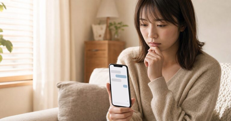 スマートフォンのマッチングアプリの画面を見ながら、返信の来ないメッセージ画面を前に考え込む女性の写真
