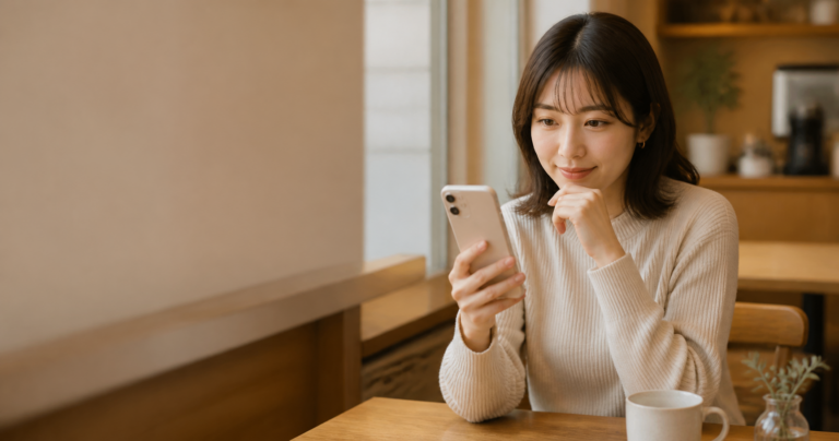 マッチングアプリで会った後、スマートフォンでメッセージの返信を考えながら悩む女性の写真