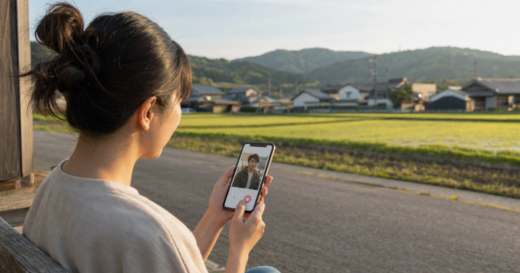 田舎の風景を背景にスマートフォンでマッチングアプリの画面を眺める女性の写真