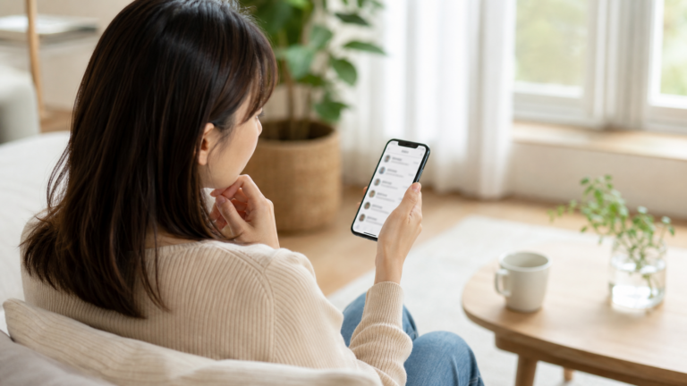 スマートフォンで複数のマッチングアプリのメッセージ画面を見比べながら、誰を優先すべきか考え込む女性の写真