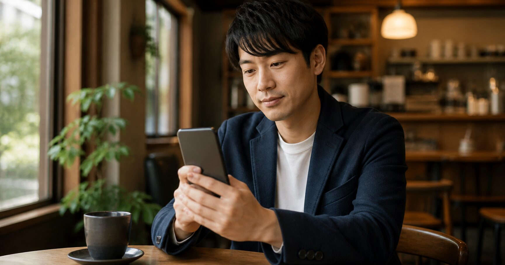 スマートフォンでマッチングアプリのメッセージ画面を確認しながら安心した表情を見せる女性の写真
