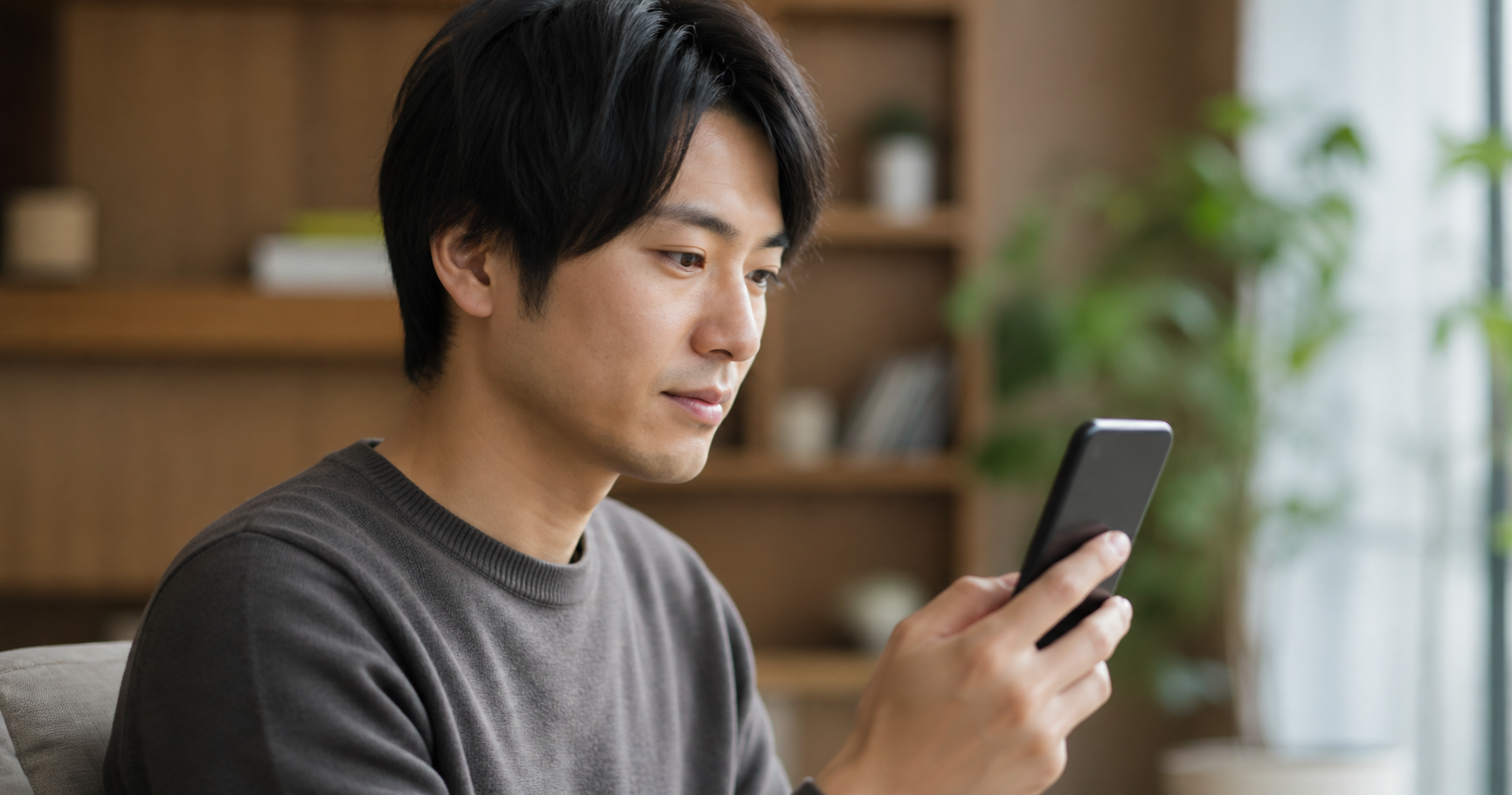 スマートフォンでマッチングアプリのメッセージ画面を見ながら、投資や副業の話題に違和感を覚えている女性のイラスト