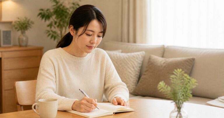 スマートフォンにメモを残しながら考え込む女性のイラスト