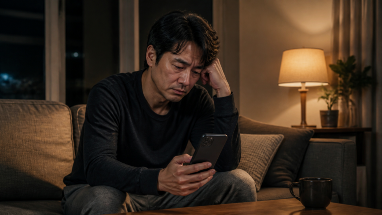 リビングでスマートフォンを片手にうつむき、疲れた表情を見せる既婚男性