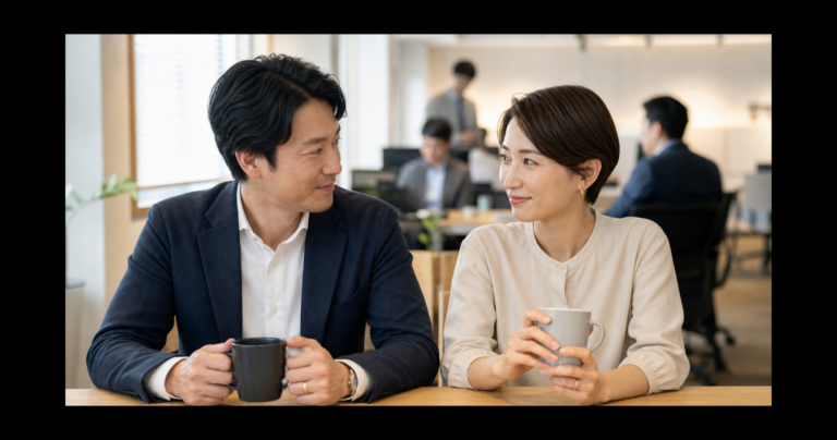 オフィスの休憩スペースで、既婚者らしき指輪をした男性と女性が少し距離を詰めて微笑み合う、二人だけに感じられる空気感が漂う写真