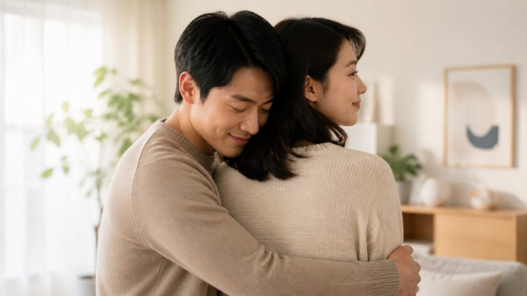 抱き合う男女のシルエットで、男性が女性の首元に顔を寄せている構図
