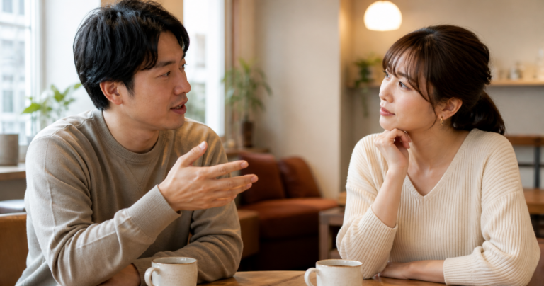 過去の恋愛の話を聞いて考え込む女性と、隣で話している男性のイラスト