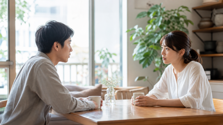 結婚前提で付き合うカップルが将来について真剣に話し合っている様子の写真