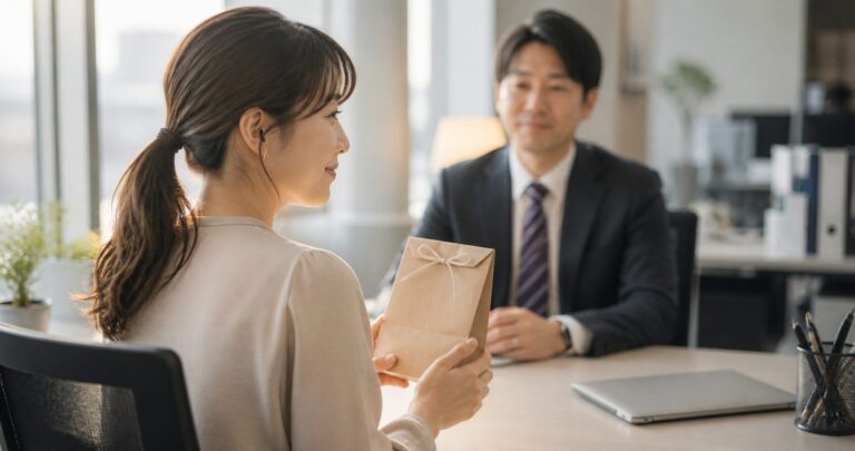 ラッピングされた小さな贈り物を手に、既婚の同僚男性に渡そうか迷いながら微笑む女性の後ろ姿、オフィスの窓辺