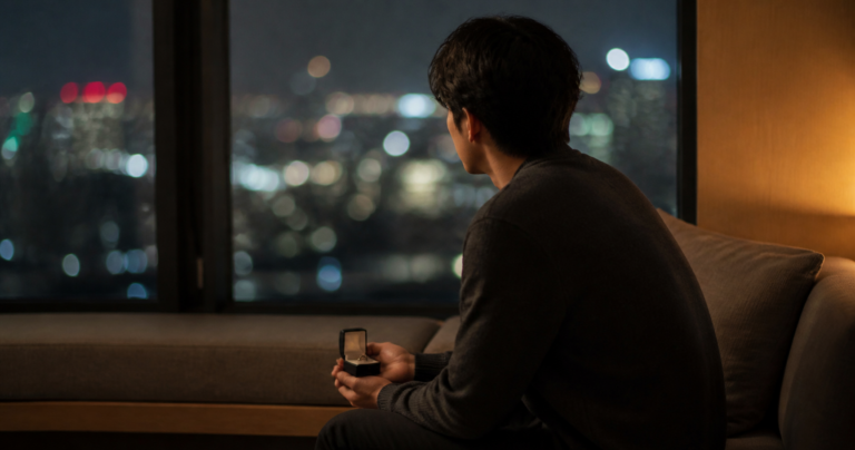 プロポーズ失敗後、夜の窓辺でひとり考え込む男性の後ろ姿の写真