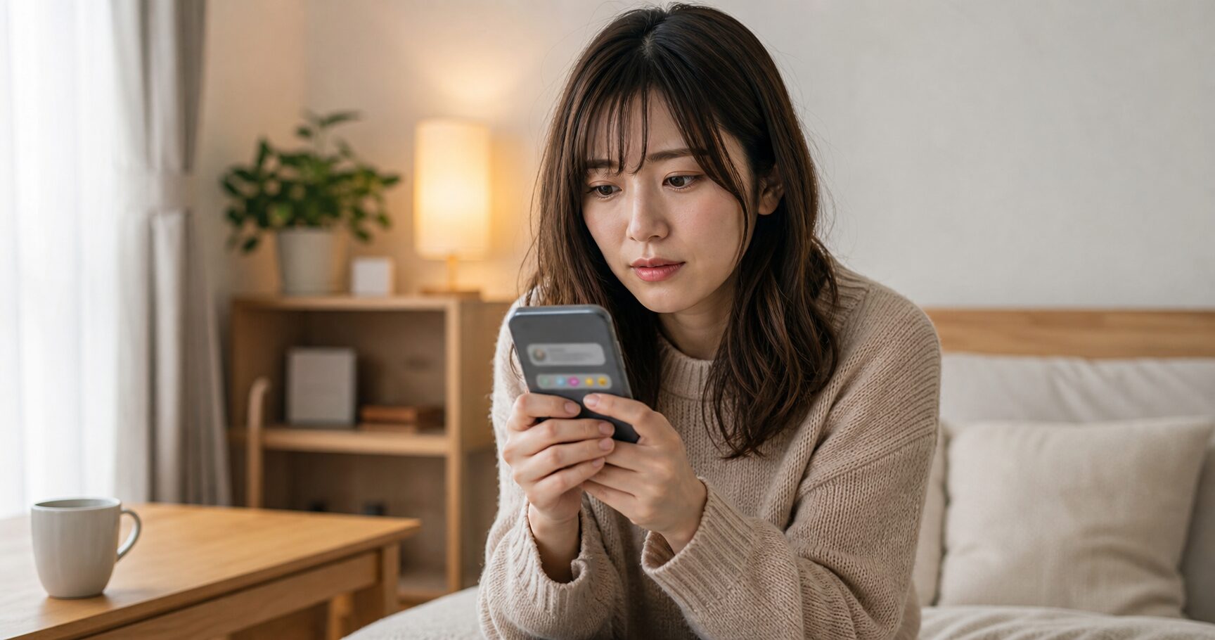 復縁の前兆かどうかスマホの通知を見ながら考え込む女性のイメージ