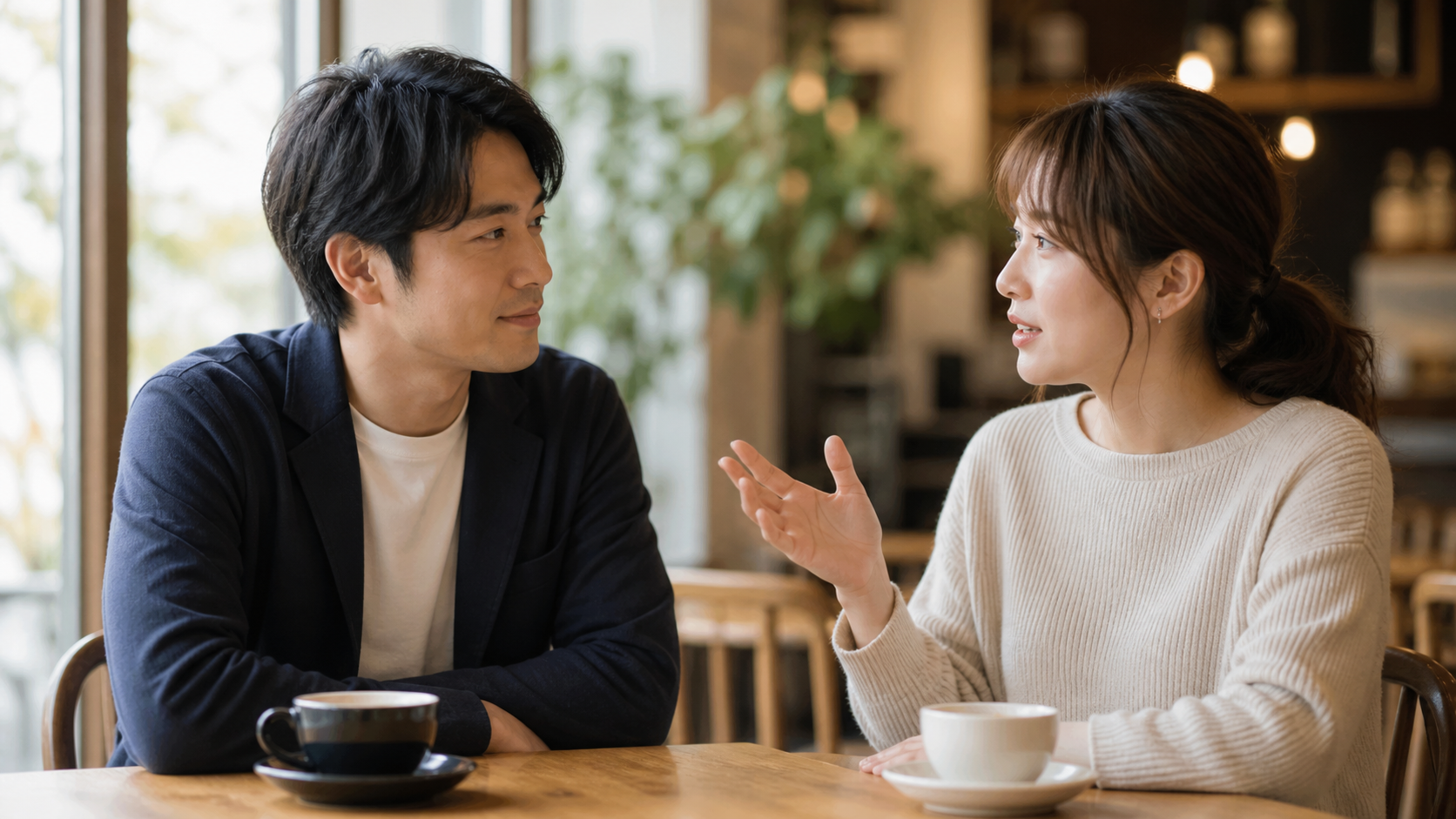 本気で相手を見つめる男性とそれを受け止める女性が並んで話しているシーンの写真
