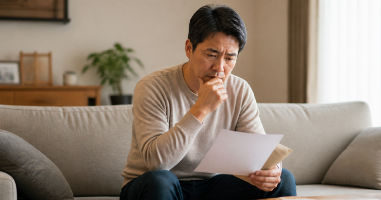 セックスレスを理由にした慰謝料請求の通知を手に、困惑した表情でリビングのソファに座る男性の写真