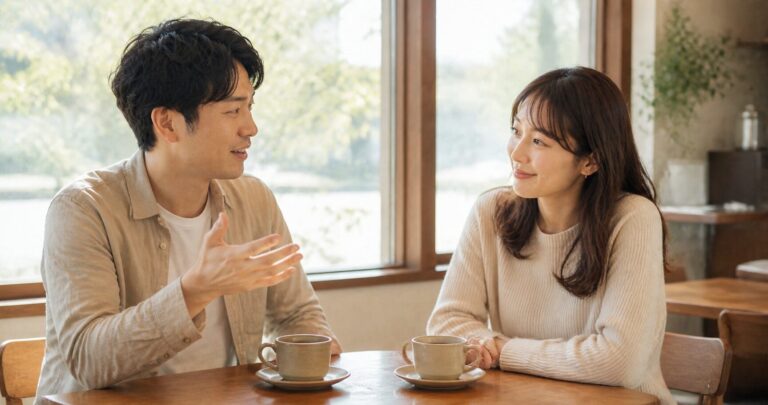 カフェの窓際で男性の話に相槌を打ちながら笑顔で耳を傾ける女性、応援されている温かい雰囲気が伝わる自然光の写真