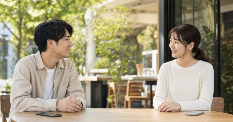 付き合ったばかりのカップルがカフェで少し距離を保ちながら笑顔で会話している写真