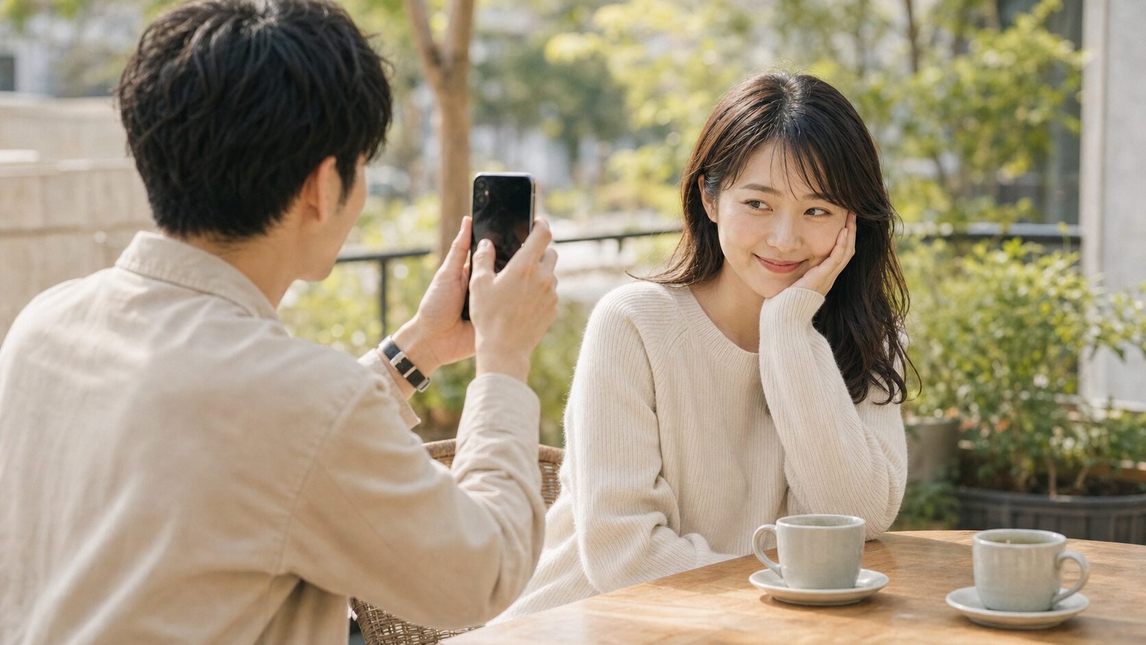 デート中にカメラを向けられて戸惑う表情を見せる女性の写真