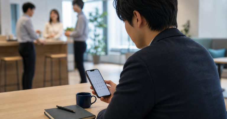 職場の休憩スペースでスマホを見ながら考え込む、職場恋愛が長引いていることに悩んでいる女性の後ろ姿