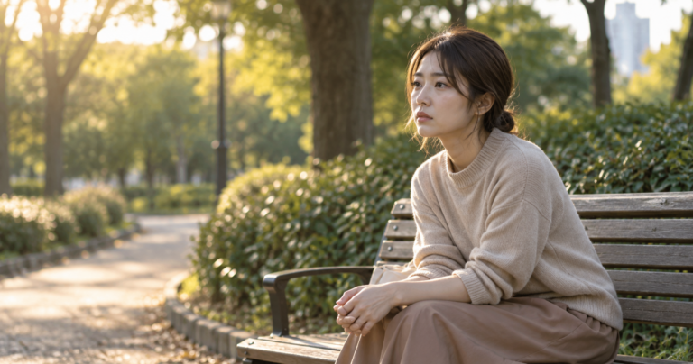 別れるべきか悩みながら一人でベンチに座り考え込む女性の写真