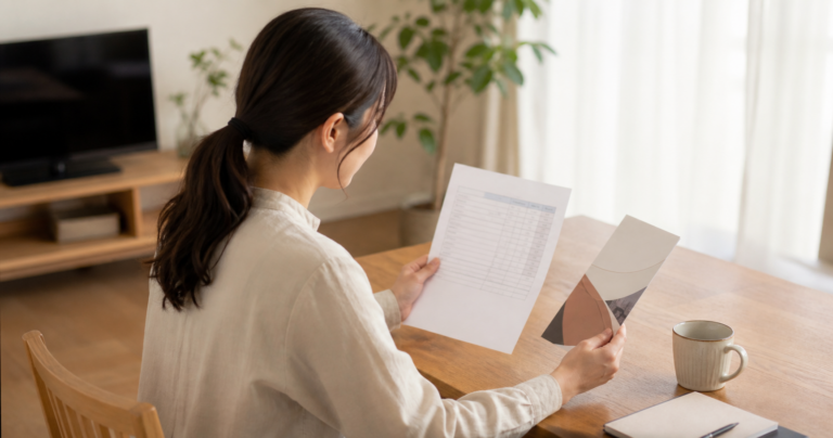 見積書やパンフレットを手に、浮気調査の依頼を検討して悩む女性のイメージ