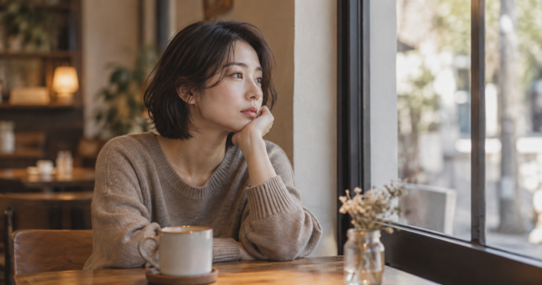 既婚者への告白を迷いながら考え込む女性のイメージ