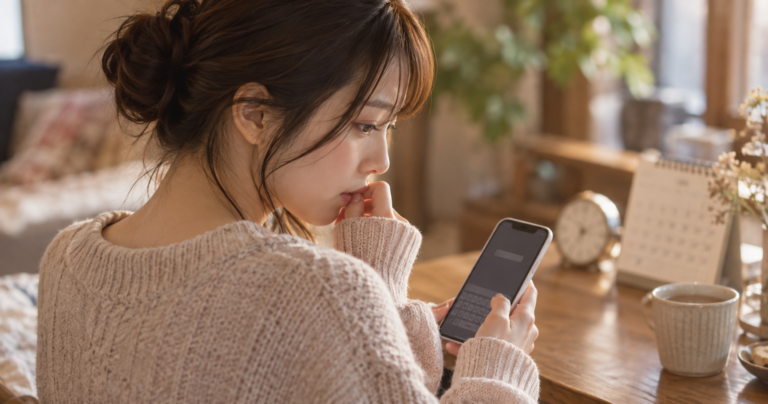 好きな人への誕生日LINEを送るか迷い、スマートフォンを見つめる女性の後ろ姿