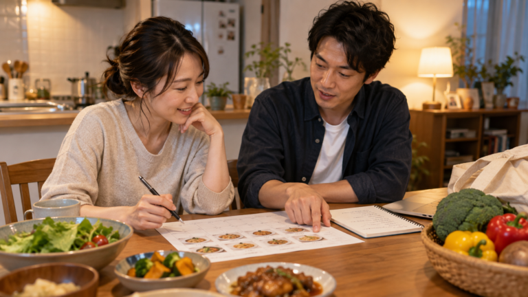 共働きの夫婦が食卓で夕食の分担を穏やかに話し合う写真