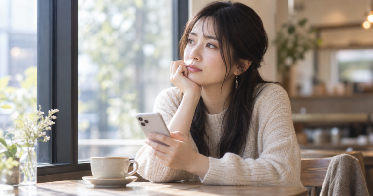 スマートフォンを見つめながら元恋人との復縁を考える女性の写真