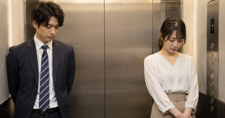 エレベーターの中で二人きりになり気まずそうにしている男女の写真