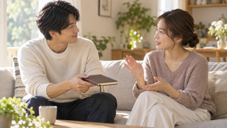 ソファで男性が小さなノートを差し出し、女性が希望を伝えながら穏やかに対話する恋人同士