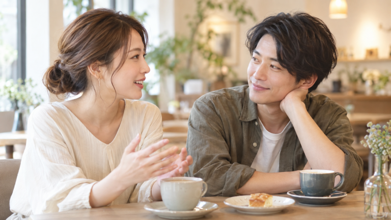 彼女の話にしっかり耳を傾けながら微笑んで向き合う男性のイメージ