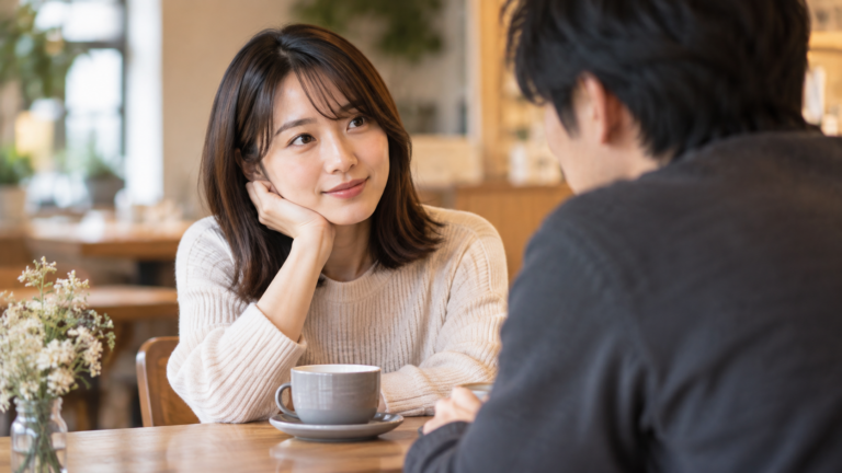 自然光のカフェで相手の話を穏やかに聞くENFJをイメージした人物の写真