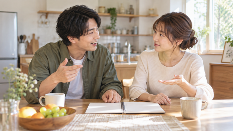 日差しの入るキッチンでノートを開き、予定について話し合う男女の写真