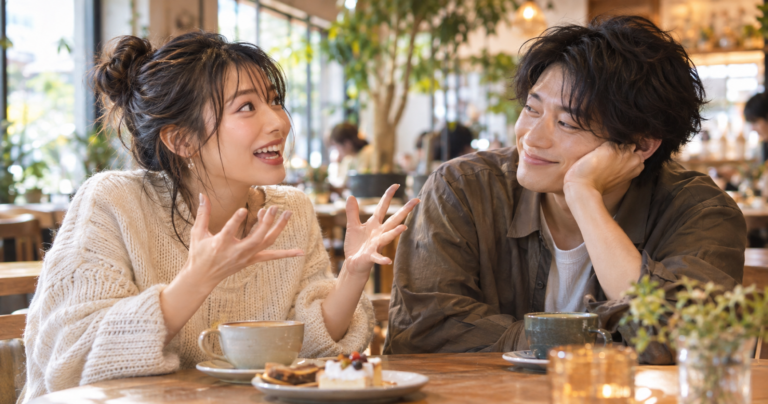 自然光の入るカフェで、身振り手振りを交えて楽しそうに話す女性と、それを微笑んで聞く男性の写真
